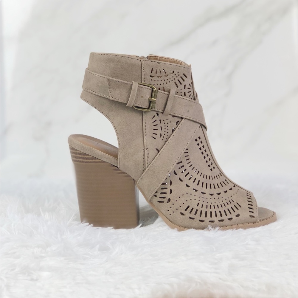 LAST ONE! 6.5 Vegan Laser Cut Sueded Bootie• Taupe - Picture 2 of 2